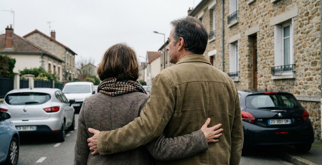 Couple quinquagénaire français observant leur maison avant vente immobilière
