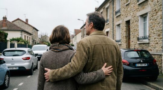Couple quinquagénaire français observant leur maison avant vente immobilière