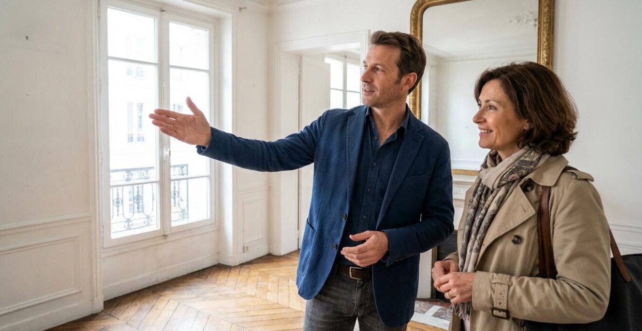 Agent immobilier présentant un bien à une cliente lors d'une visite