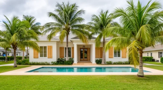 Maison individuelle américaine typique Floride avec palmiers et piscine