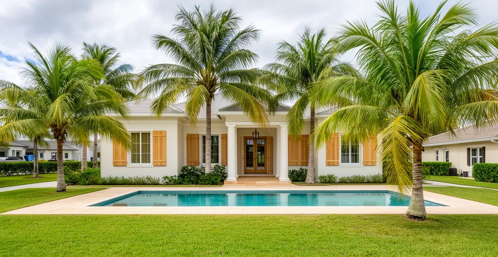 Maison individuelle américaine typique Floride avec palmiers et piscine