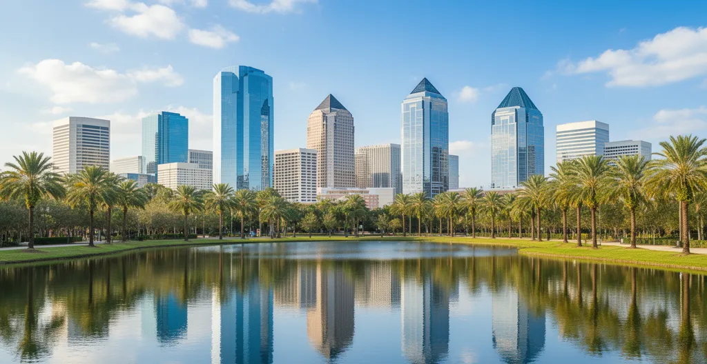 Skyline Orlando Floride avec lac et palmiers pour investissement immobilier